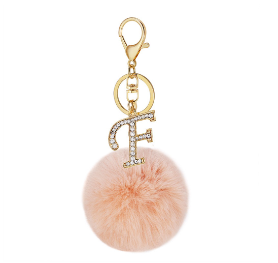 New 26 Letter Rhinestone Alloy Keychain Charm Girls Pink Pompom Key Ring Car Key Holder Women Bag Ornaments Accessories F