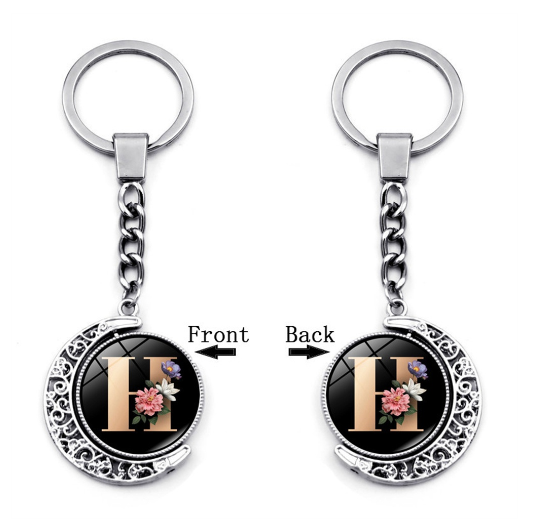 1PC Exquisite 26 Letter Glass Keychains Double Sides Moon Flower A-Z Initials Keyrings Handbag Charms Ornaments Gifts R