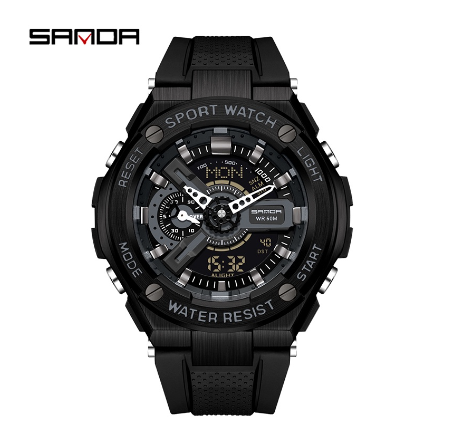 Sanda Popular Dual Display Quartz Electronic Fashion Luxury Anti Drop Sports Military Watch BLACK