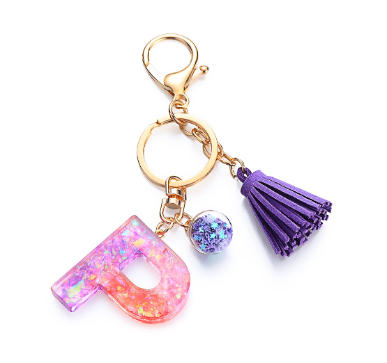 Cute Creative 26 Letter Alphabet Crystal Glitter Resin Keychain Women Tassels Keyring Car Key Holder Bag Charms Accessories P