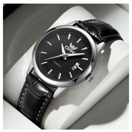 OPK Watch For Men WaterProof Original Stainless Steel Leather Strap Fashion Luminous Calendar Quartz Mens Watches BLACK DIAL BLACK LEATHER STRAP