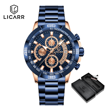 LICARR Brand Original Men's Watches Luxury Fashion Casual Chronograph Quartz Military Watch Men Waterproof 9508 ROSEGOLD BLUE