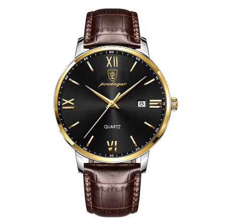 POEDAGAR genuine leather watch for men waterproof 2023 original branded ultrathin calendar luminous casual quartz watch GOLD BLACK