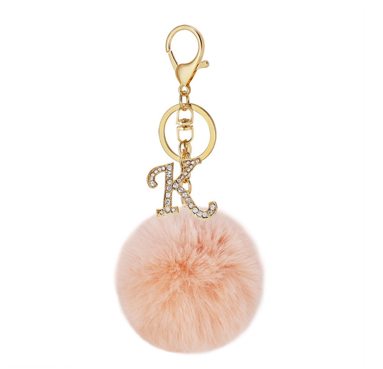 New 26 Letter Rhinestone Alloy Keychain Charm Girls Pink Pompom Key Ring Car Key Holder Women Bag Ornaments Accessories K