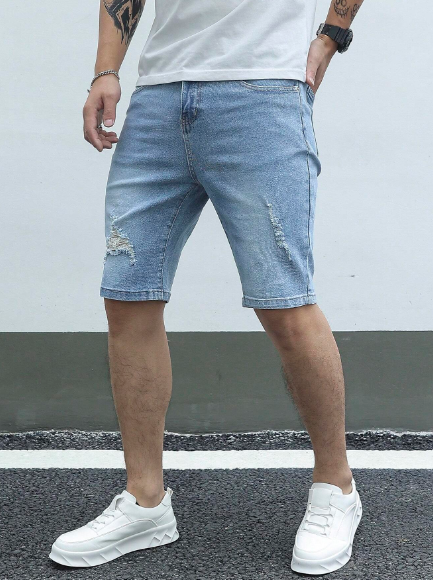 Manfinity Homme Men's Distressed Straight-Leg Denim Shorts