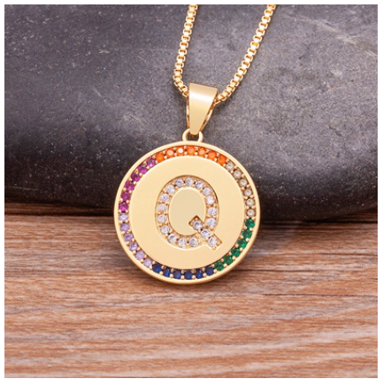 New Arrival Luxury A-Z Initial 26 Letters Pendant Charm Chain Necklaces High Quality Zircon Rainbow Jewelry Q