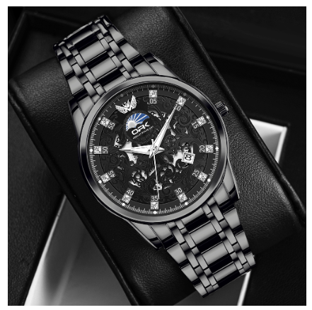 OPK Watch For Men Waterproof Luminous Quartz Original Calendar Diamond Stainless Steel Strap Watch BLACK DIAL BLACK STRAP