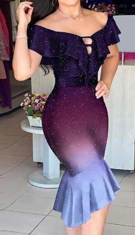 Women Fashion Ombre Glitter Ruffle Cutout Asymmetrical Strap Tied Lotus Leaf Collar Party Evening Ladies Slim Bodycon Dress