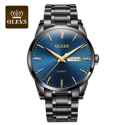 Olevs Watch For Men Original Waterproof Stainless Steel Men's Business Quartz Fashion Trend Luminous Gold Wrist Watch BLUE DIAL BLACK CASE STRAP