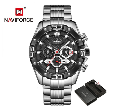 Naviforce NF8019 Men's Luxury Gold Business Classic Quartz Clock Analog Chronograph Sport Waterproof Steel Band Wrist Watch BLACK SILVER