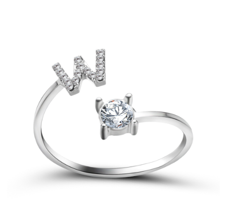 Silver A-Z Letters Ring for Women Cubic Zirconia Initial Letter Ring Fashion Jewelry Gift Adjustable W