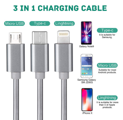 Telescopic 3 In 1 Fast Charging Cable Type C / Lightning Phone/ Micro USB Cable