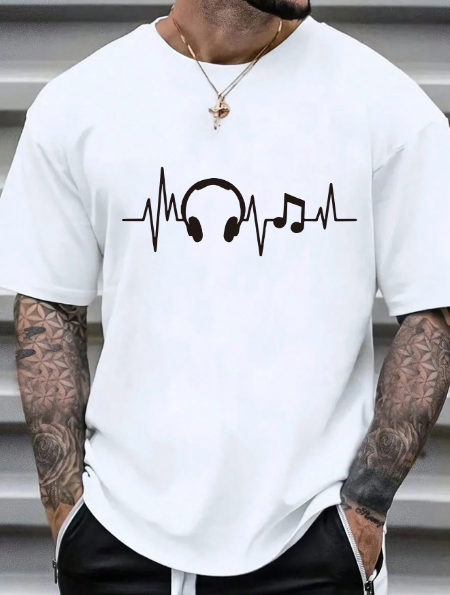 Manfinity Dauomo Men's Plus Size Printed T-Shirt With Ekg And Earphone Design