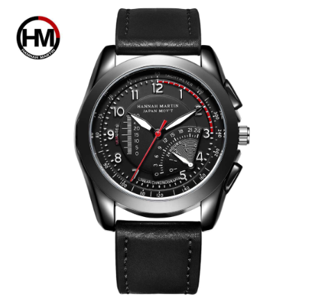 Hannah Martin Men's Sports Watch Luminous Leather Belt Quartz Watches 43mm Dial Waterproof Wristwatch BLACK WHITE