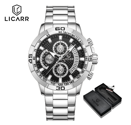 LICARR Brand Original Men's Watches Luxury Fashion Casual Chronograph Quartz Military Watch Men Waterproof 9508 SILVER BLACK