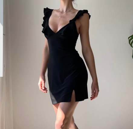 Sexy Women' V Neck Lace Up Ruffed Backless Split Bodycon Dress