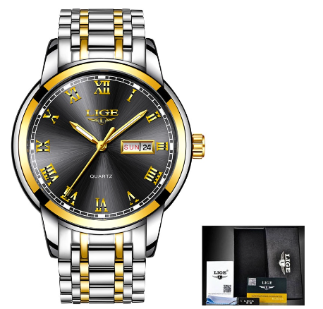 LIGE Watch For Couple Original Waterproof Stainless Steel Silver/Gold Fashion Business Trend Calendar Luminous Watches STEEL GOLD BLACK