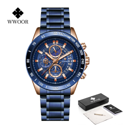 Wwoor Top Luminous Luxury Brand Mens Watches Stainless Steel Waterproof Sport Quartz Chronograph Wrist Watches ALL BLUE