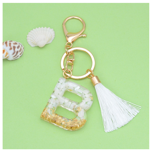 1Pc Gold Tassel Alphabet Keychain English Letter Keyring Glitter Gradient Resin Gold Leaf Crafts Car Mirror Handbag Charms B