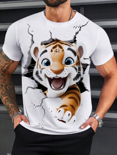 Plus Size Men's Animal Print Round Neck Short Sleeve T-Shirt,Graphic Tee