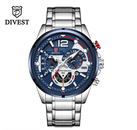 DIVEST Luxury Brand Men's Watches Original Fashion Chronograph Luminous Business Men Watch Casual Sport Waterproof Watch SILVER BLUE
