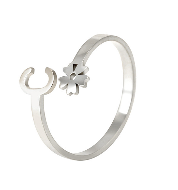 Stainless Steel A-Z Letter Ring For Women Girl Flower 26 Initial Name Adjustable Ring Trendy Birthday Jewelry Gift C