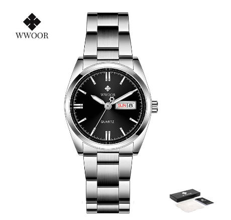 Wwoor Women Watches Stainless Steel Quartz Wrist Watch Creative Design Ladies Clock Female Watch BLACK DIAL SILVER CASE STRAP