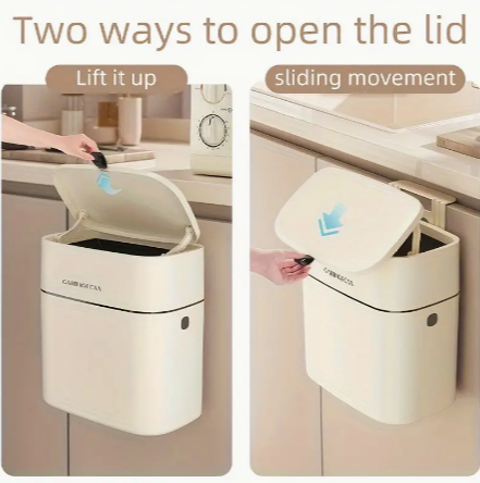 1pc Hanging Trash Can With Lid, Small Garbage Bin For Kitchen Cabinet Door Or Under Sink, Bathroom Waste Basket With Cover, Food Waste Bin, Kitchen Garbage Bucket, Compost Box With Back Hooks