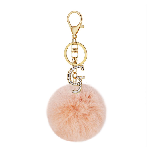 New 26 Letter Rhinestone Alloy Keychain Charm Girls Pink Pompom Key Ring Car Key Holder Women Bag Ornaments Accessories G