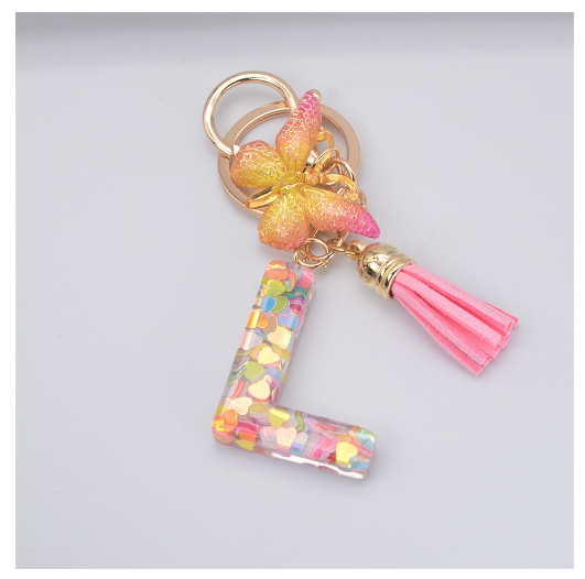 Exquisite 26 Letter Resin Keychain with Pink Tassel Gradient Butterfly Pendant Key Ring Women Bag Ornaments Accessories L