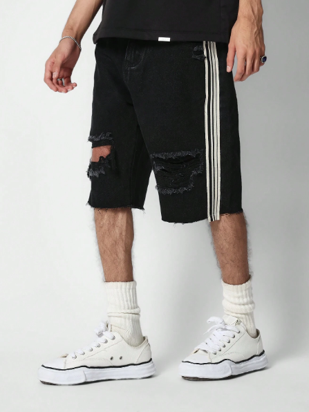 SUMWON Denim Distressed Jorts With Side Tape