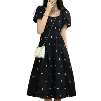 Lovito Women Casual Floral Puff Sleeves Squared Neck Dress LNE05105 (Black)