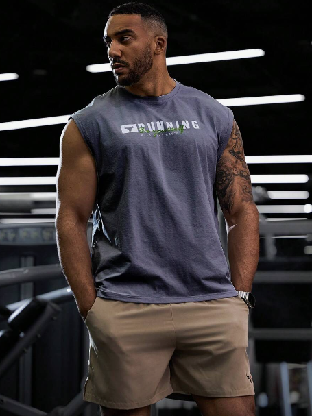 Men's Simple Letter Graphic Summer Round Neck Gym Sports Tank Top