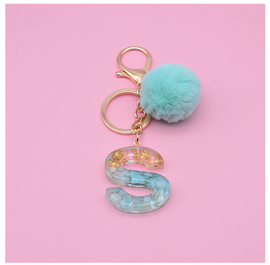 Cute Keyring Green Pompom Fur Ball 26 Letter Keychain Resin Key Chains Handbag Charms For Woman Ornaments Accessories Gift S