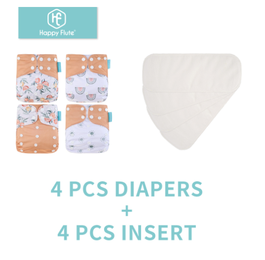 Happyflute 4Pcs Pocket Diapers Plus 4 Pcs Microfiber Insert Reusable Washable Ecological Cloth Diaper Fit 3 15kg Baby Set 34