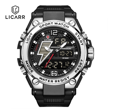 LICARR Brand Men's Watches Original Analog Digital Fashion Casual Sports Men's Watch Stopwatch Waterproof Date Alarm 9513 SILVER