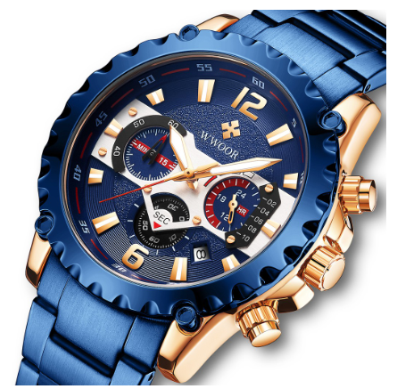 Wwoor Men Watch Stainless Steel Waterproof Original Quartz Battery Analog Wristwatch BLUE DIAL BLUE CASE STRAP