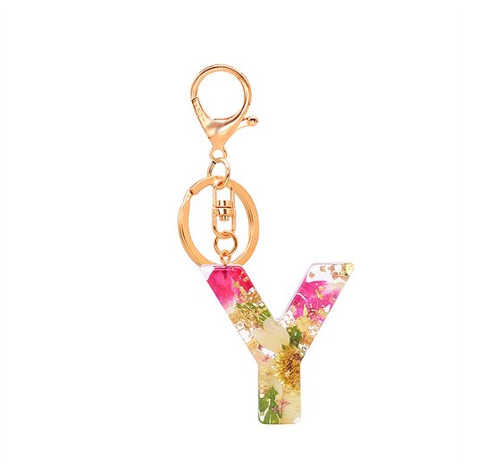 A-Z 26 Letter Pendant Keychains Resin Dried Flower Alphabet Keyring Charm Women Cute Bag Ornamant Accessories Gifts Y