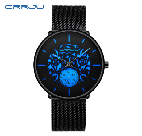 CRRJU Fashion Mens Watches Top Brand Luxury Quartz Watch Men Casual Slim Mesh Steel Waterproof Sport Watch 2150X BLACK BLUE 1