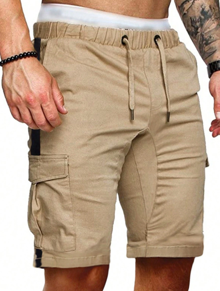 Manfinity Homme Men Flap Pocket Drawstring Waist Cargo Shorts Plain Khaki