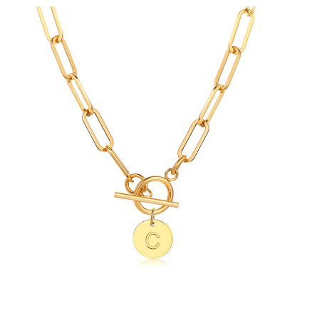 Vnox Women Stainless Steel Gold Plated Initial Pendant Necklace with Paperclip Necklace C