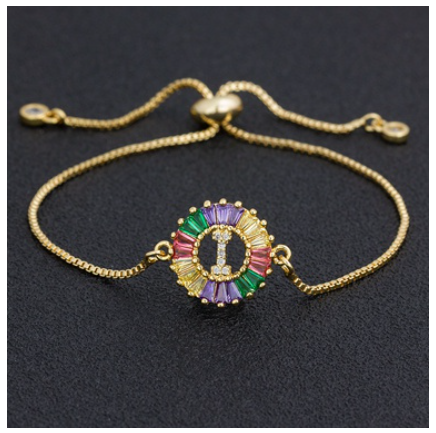 New Fashion A-Z Initial Colorful Cubic Zircon Letter Bracelets Adjustable Chain Rainbow Jewelry I