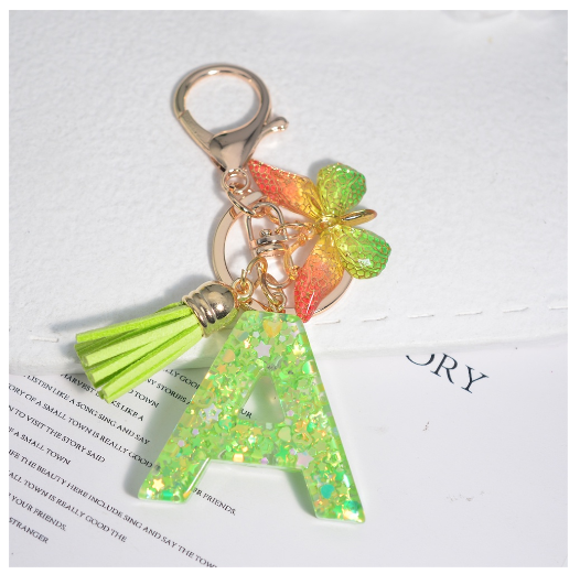 Glitter Green 26 Letter Resin Keychain Fashion Sequin Filled A-Z Alphabet Keyrings For Women Car Key Holder Accessories Souvenir A