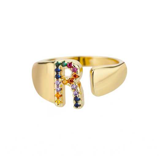 Maxzone Fashion Colorful Chunky Wide Letter A-Z Rings For Women Gold Opening Initial Letter Ring Femme Wedding Party Jewelry R