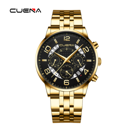 CUENA Original Brand New Men's Watch Luxury Automatic Calendar Fashion Business Sports Stainless Steel Wristband Waterproof Watch GOLD BLACK