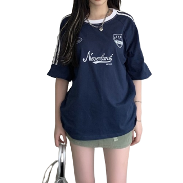 Lovito Women Casual Letter Contrast Binding T-Shirt LNE29081 (Navy Blue)