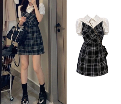 Lovito Women Fabric Stitching Fake 2 In 1 Dress LNA19056 Black