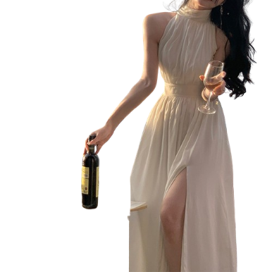 Lovito Women Casual Plain Split Thigh Belted Dress LNA39037 (White/Blue)