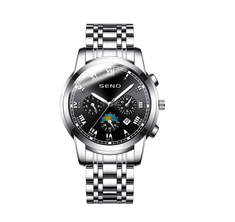 SENO Fashion Luxury Men's Watch Stainless Steel Casual Wristwatches Quartz Movement 30M Waterproof Calendar Original Watch BLACK STEEL