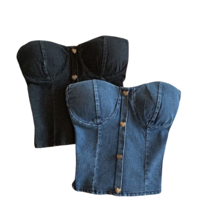 Lovito Women Casual Plain Metal Denim Top LNE36115 (Dark Blue/Black)